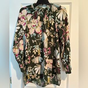 Kaari Blue Floral Blouse Medium Green Pink Boho Peasant Top Long Sleeve